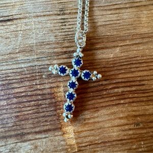 Virgins Saints & Angels Madonna Cross Necklace Blue Crystals in Silver